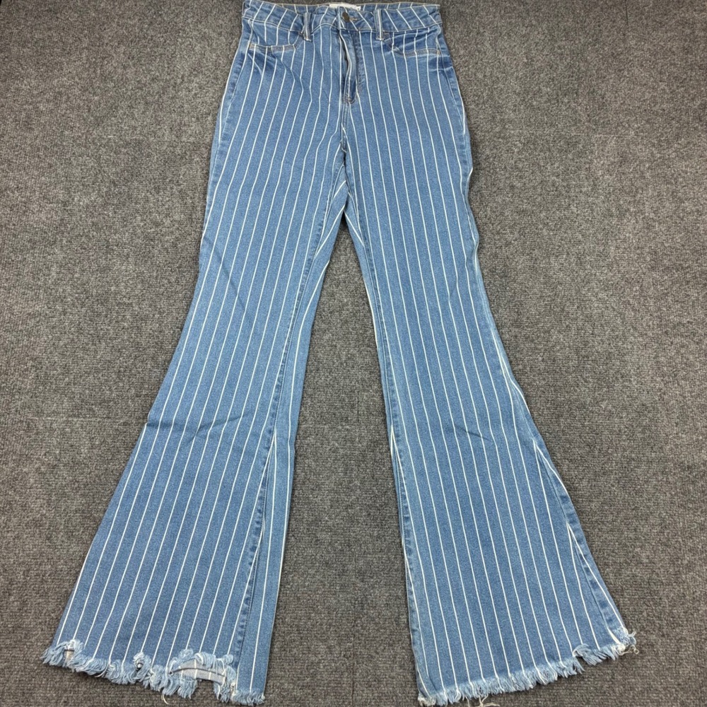 Cello Blue Pinstripe High Rise Flare Jeans Raw Hem Womens Size 7 26x32
